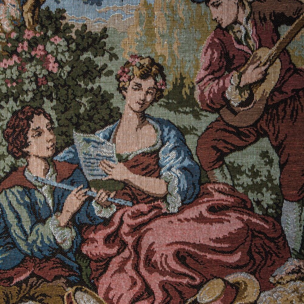 French Aubusson Tapestry Wall Art Pastoral Scene With Musicians & Cherubs 36“X15 - Picture 3 of 6